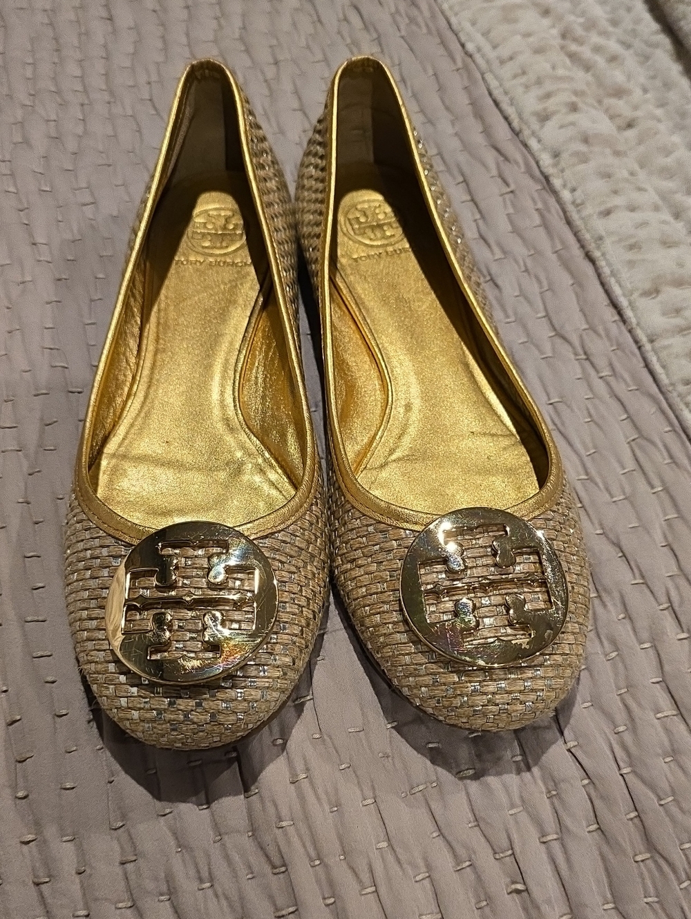 Tory Burch Metallic Gold Woven Logo Ballet Flats Size 11 M - Picture 9 of 9